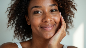 Woman in her late 30s with glowing, well-hydrated skin gently touching her face with a content expression