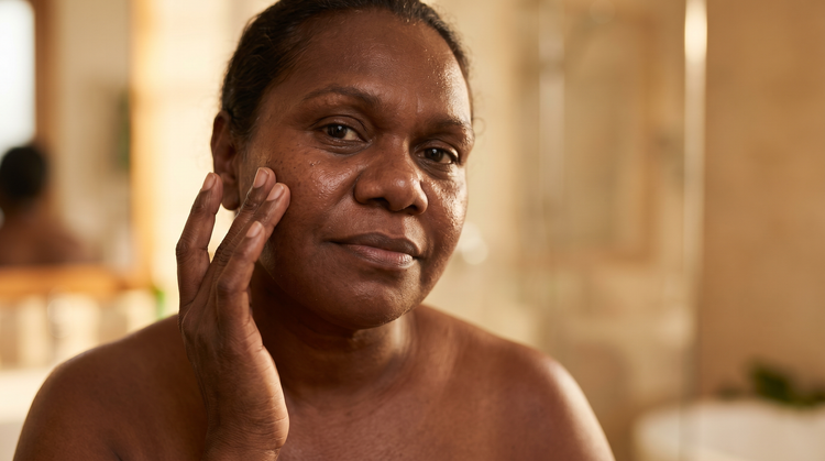 58-year-old Indigenous Australian non-binary person with dark brown skin gently touching their cheek in warm natural light, calm expression, dewy skin visible