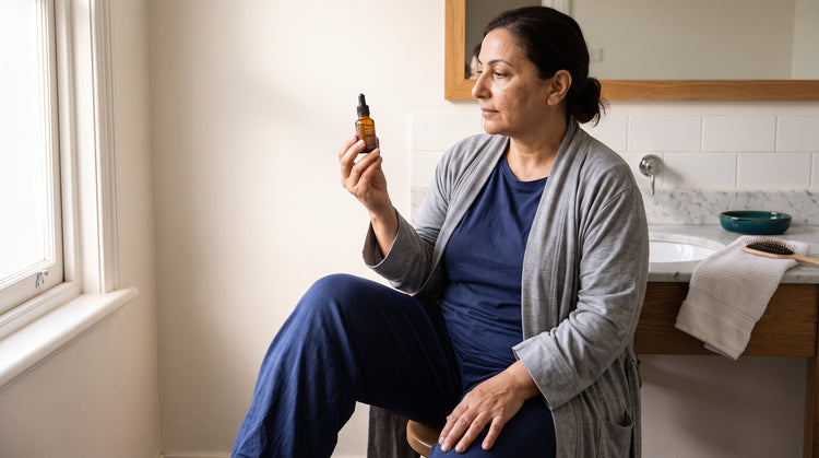 Woman in natural morning light holding an eye serum bottle near her face with a calm, confident expression