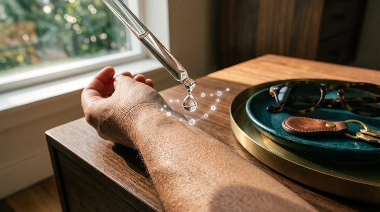 Serum droplet on skin with an abstract molecular chain overlay representing peptide science