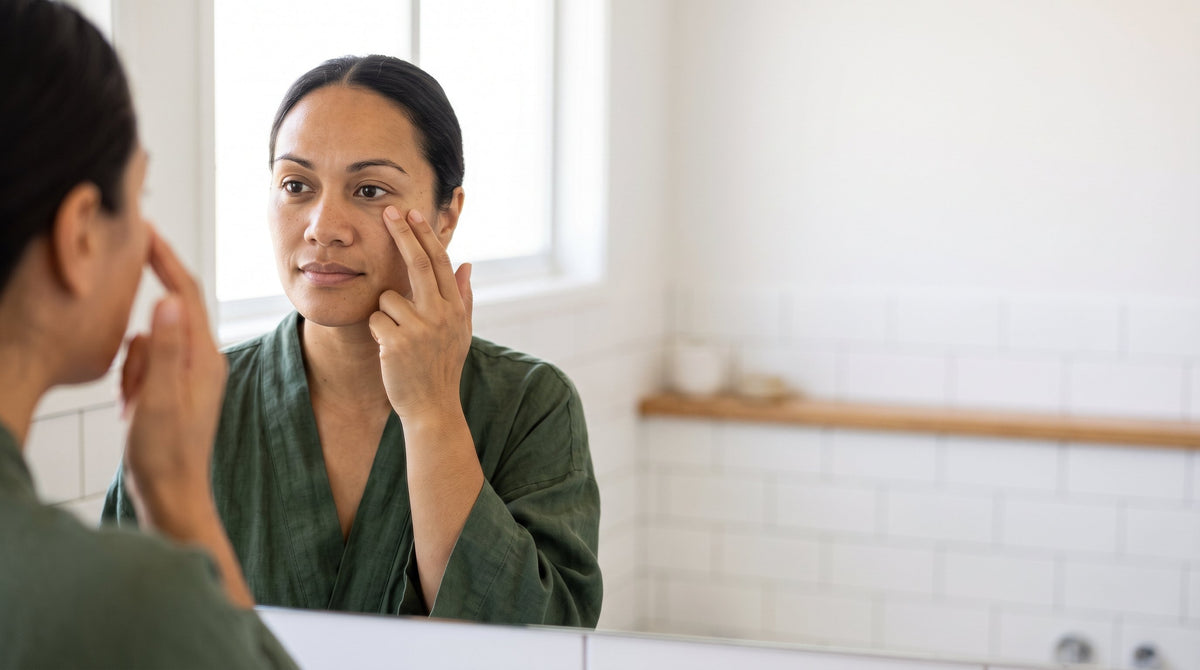 Woman examining the skin around her eye in a mirror, considering her skincare routine