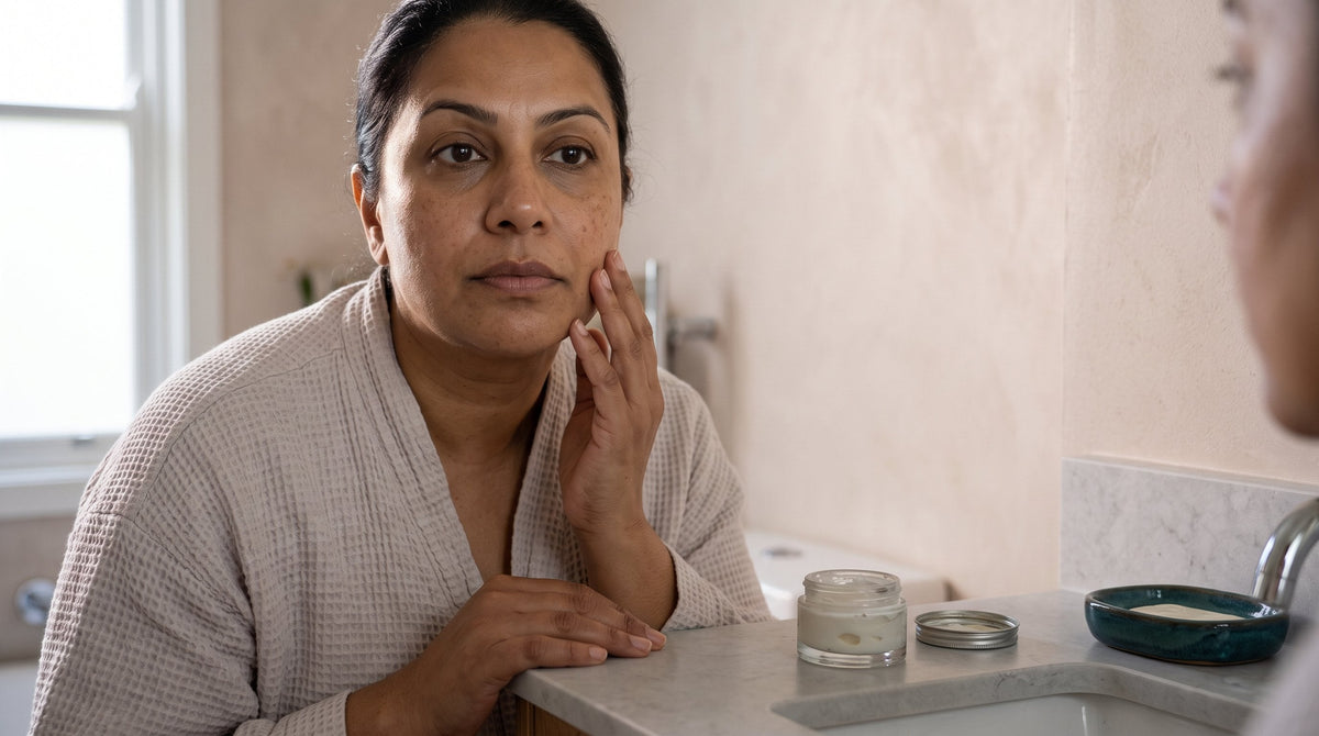 Woman calmly checking her skin in natural light while looking in a mirror