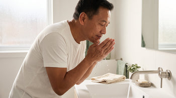 Man rinsing face with cool water as part of a gentle morning cleansing routine