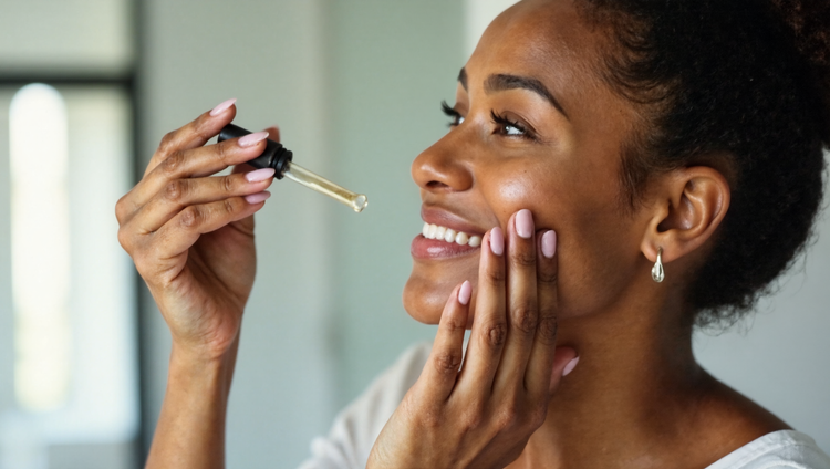 Woman in her 40s applying hyaluronic acid serum to damp facial skin in a bright bathroom, demonstrating proper application technique