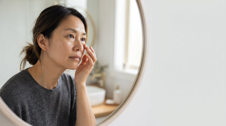 Woman examining her undereye area in a bathroom mirror in soft natural light