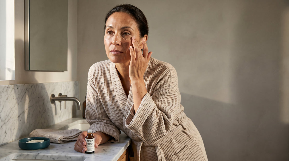 Woman applying eye serum with ring finger during morning skincare routine in soft natural light