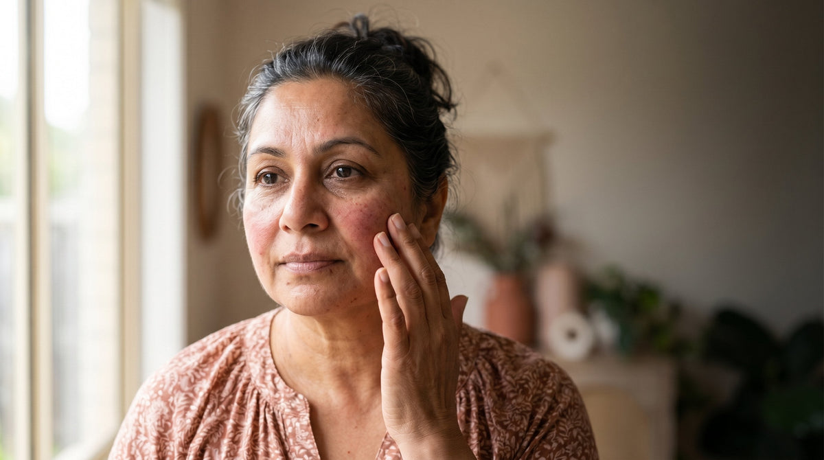 58-year-old South Asian Australian woman with olive skin and plus-size figure gently touching her cheek, looking thoughtful, subtle redness visible on skin