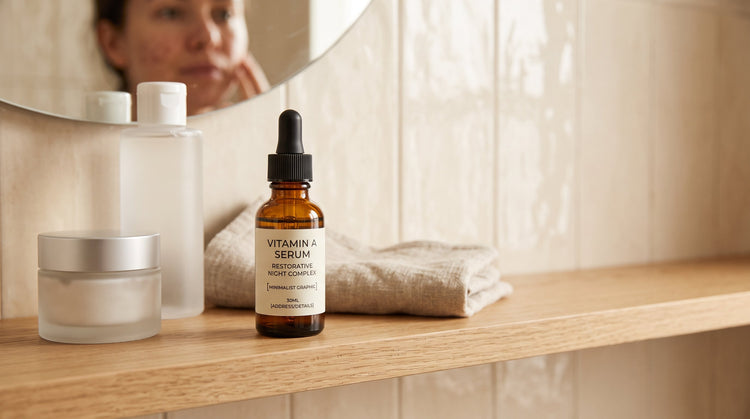 Amber serum bottle on a minimalist vanity, representing a vitamin A skincare routine
