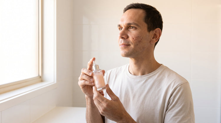 42-year-old Indigenous Australian man with fair skin holding a glass serum bottle in a bright bathroom, his cheek showing subtle post-acne marks in the process of healing