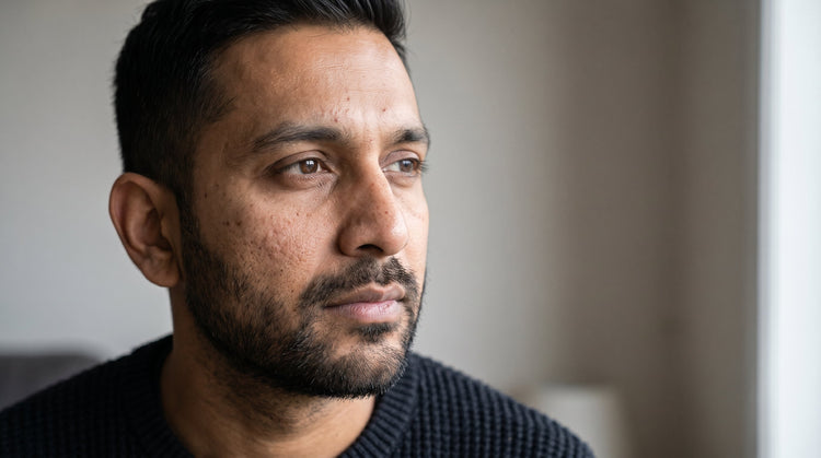 36-year-old South Asian Australian man with fair skin looking directly at camera in soft natural light, skin appears dull and dehydrated without visible luminosity