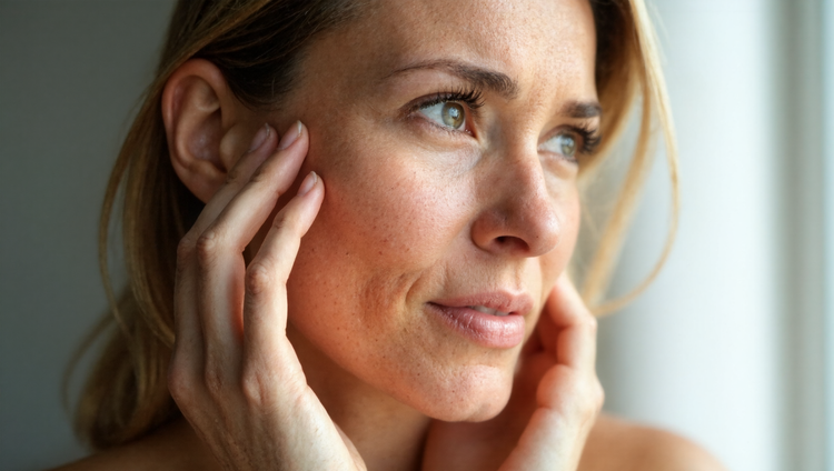 Woman in her 40s examining her skin with visible redness and oiliness on her T-zone, touching her cheek with concern