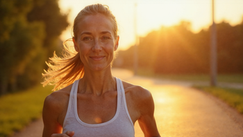 Woman in her 40s running outdoors with natural skin glow and healthy complexion showing the effects of regular exercise
