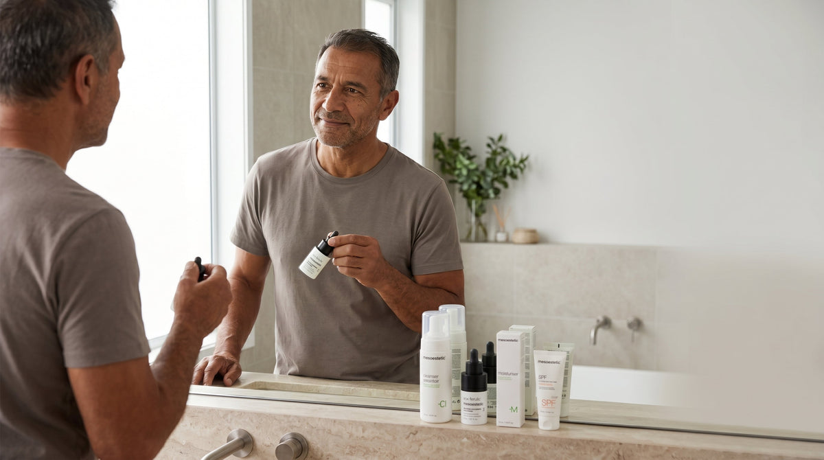 Man at bathroom vanity holding a serum with skincare products arranged in morning routine order on the counter