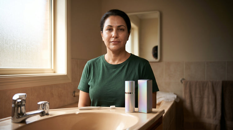 47-year-old Middle Eastern Australian non-binary person with medium skin tone holding a serum bottle in a softly lit bathroom, looking at camera with calm expression