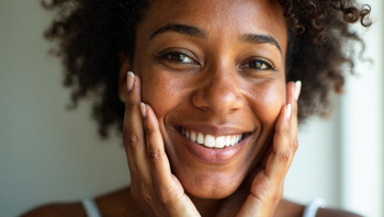 Woman with clear healthy skin gently touching her face, demonstrating the results of barrier-first acne treatment approach