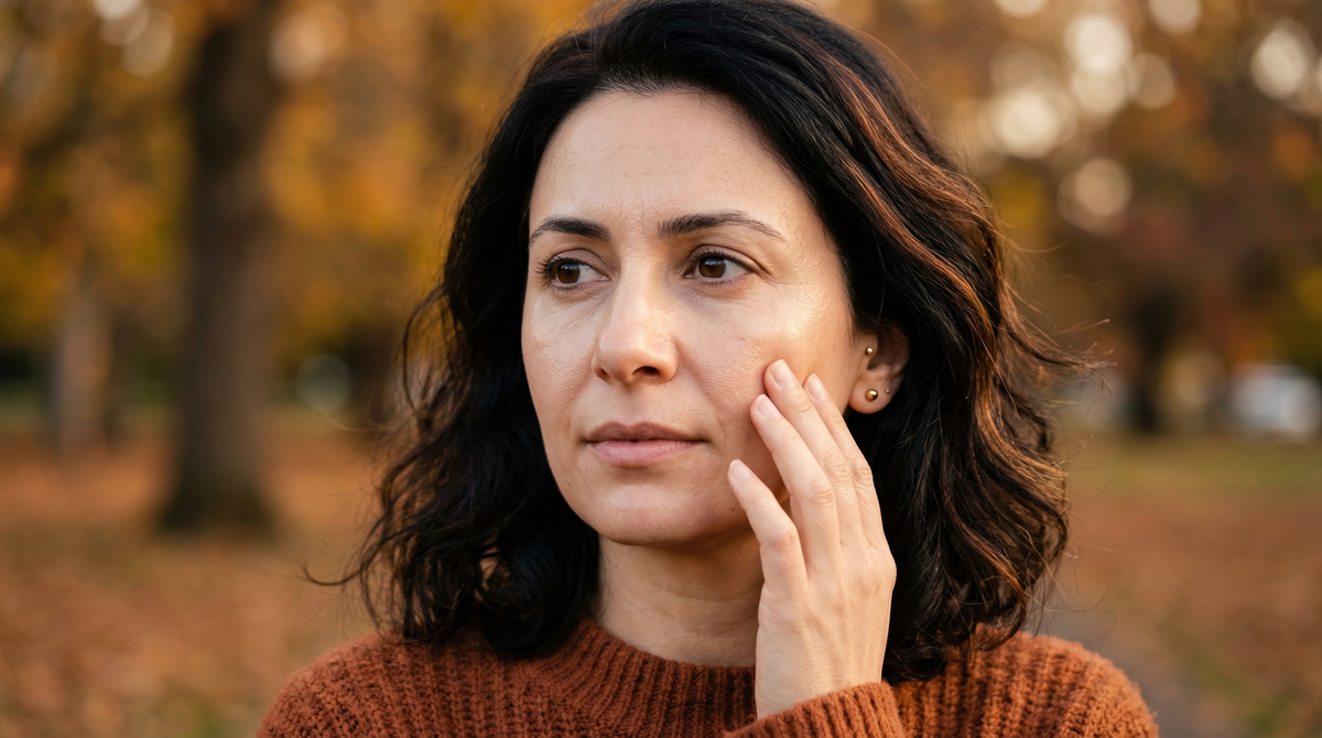 41-year-old Middle Eastern Australian woman with fair skin gently touching her cheek in warm autumn light, examining her skin texture