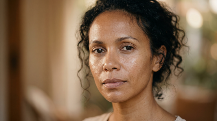 38-year-old African Australian woman with olive skin looking directly at camera in warm natural light, skin texture and natural luminosity visible
