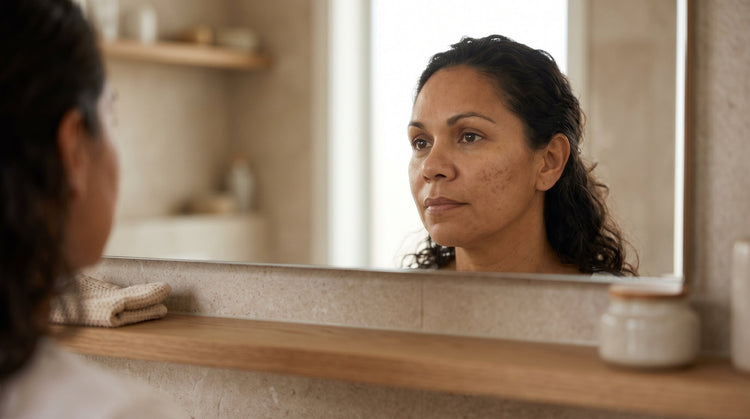 44-year-old Indigenous Australian woman with olive skin examining her face in a mirror, showing subtle post-acne marks on her cheek in soft natural light