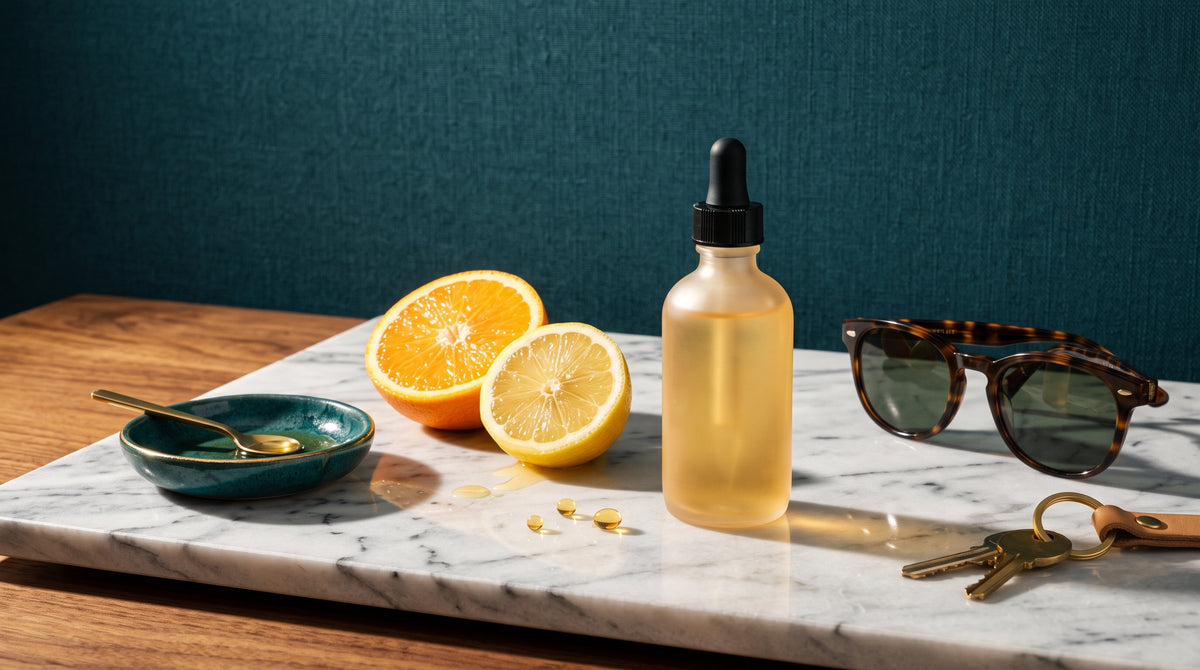 Antioxidant serum bottle styled with citrus and oil droplets on a marble surface