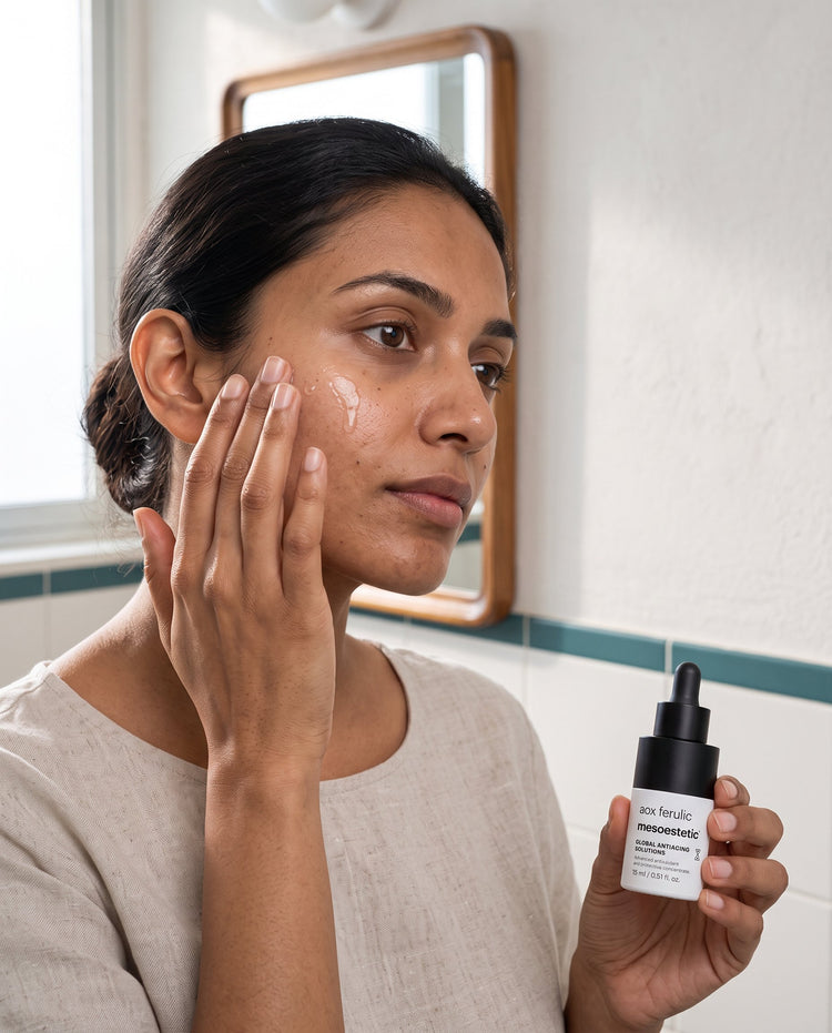 Woman applying antioxidant serum to face in natural morning light