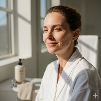 A natural, smiling woman in her mid-40s with glowing skin and visible, real texture, wearing a white waffle-knit robe in a sun-drenched minimalist bathroom