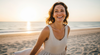 vibrant woman on a beach as dusk with glowing protected summer skin