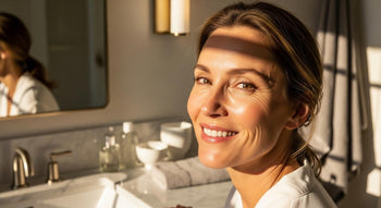 hero image of woman in a bathroom in natural light