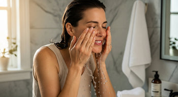 woman in bathroom washing face with clear, healthy skin