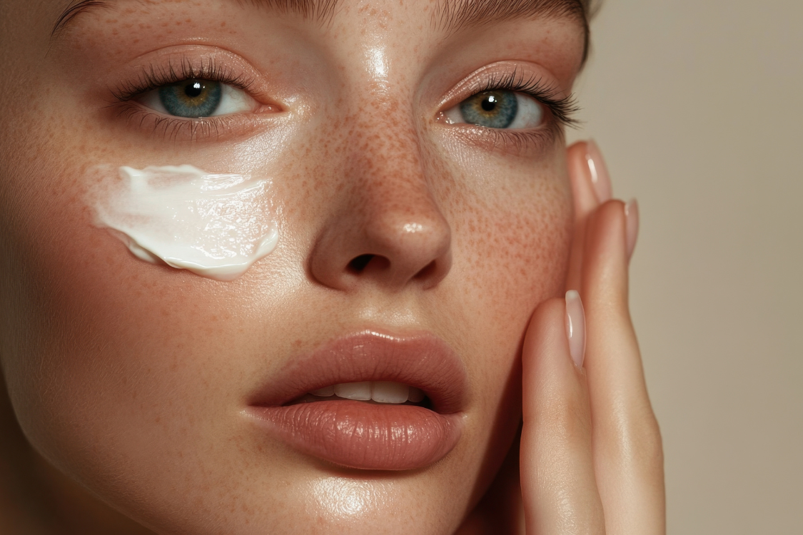 Woman applying serum to clean, hydrated skin as part of a layered skincare routine using the Skin-Soak Method