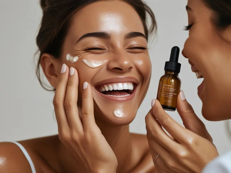 Woman applying serum to clean, hydrated skin as part of a layered skincare routine using the Skin-Soak Method